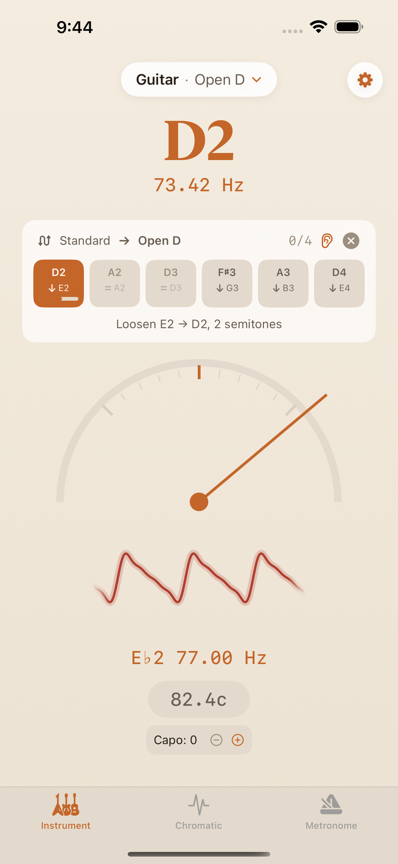 The retune guide from Standard to Open D: one cell per string with its target and direction, the low E part-way down to D2, and the needle reading sharp